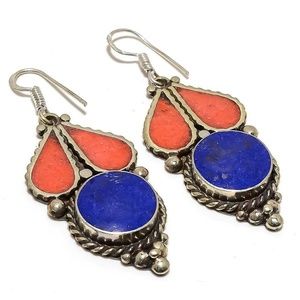 925 Sterling Lapis Lazuli & Red Coral Earings
